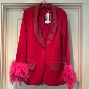 Vibrant  Luxedress Blazer with Pink Feather Cuffs